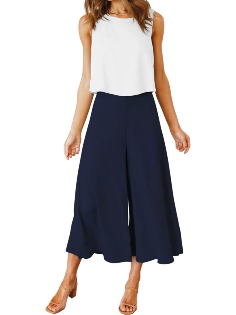 Women's Summer 2 Piece White Navy Round Neck Crop Top Cropped Wide Leg Jumpsuit